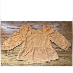 Madewell Windowpane Lightspun Millbrook Puff-Sleeve Peplum Peasant Top XL  Boho